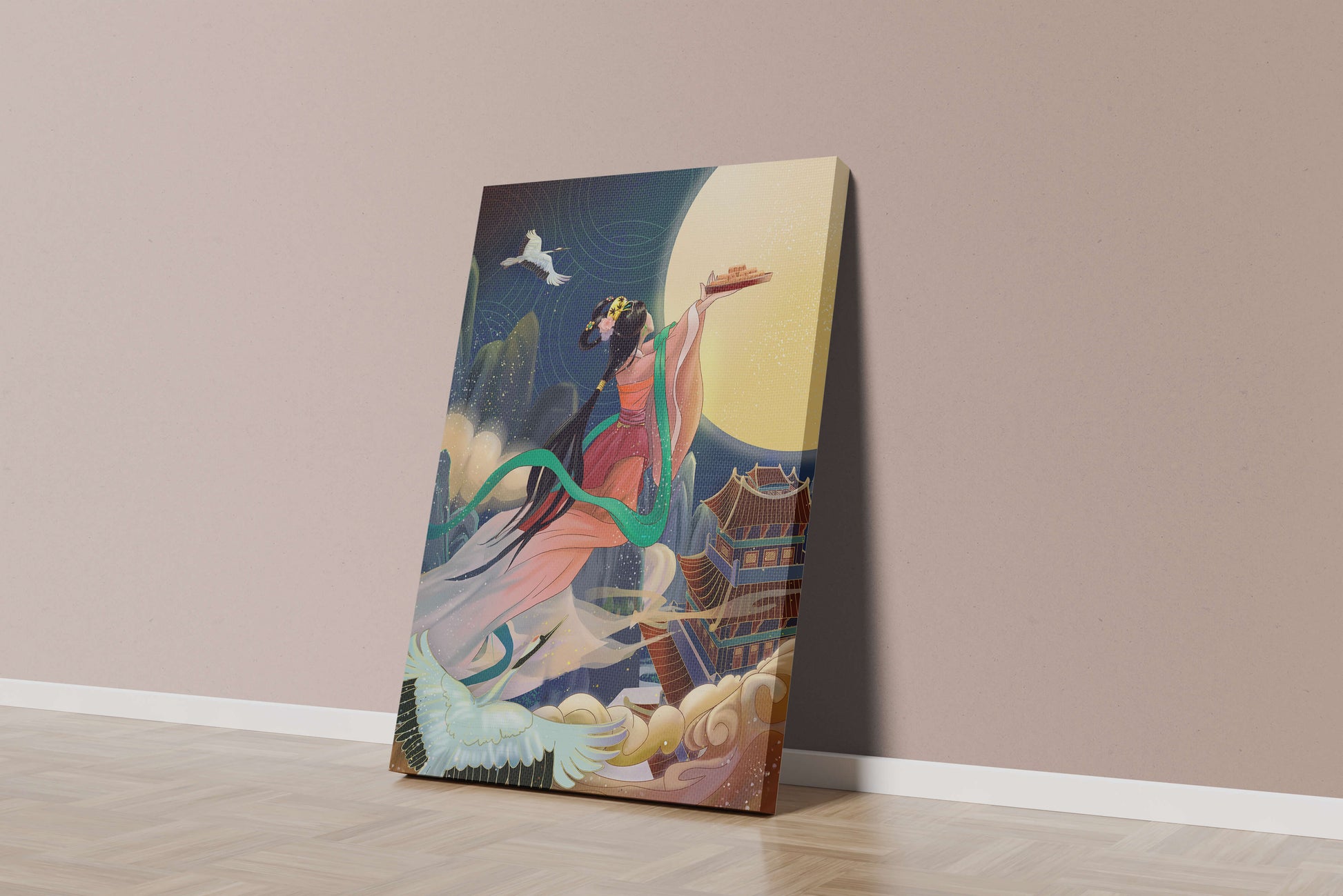 Oriental Fantasy Scene with Woman Offering Gift to the Moon