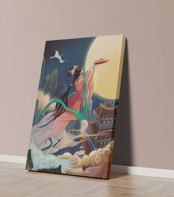 Oriental Fantasy Scene with Woman Offering Gift to the Moon