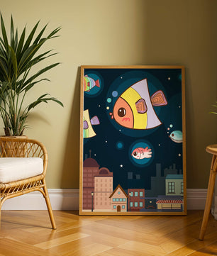 Poisson de dessin animé flottant au-dessus d'une ville nocturne avec des étoiles