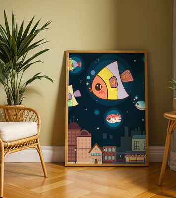 Cartoon Fish Floating Over Night City Scene with Stars