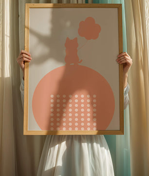 Katzensilhouette mit Ballon auf minimalistischem Kreishintergrund