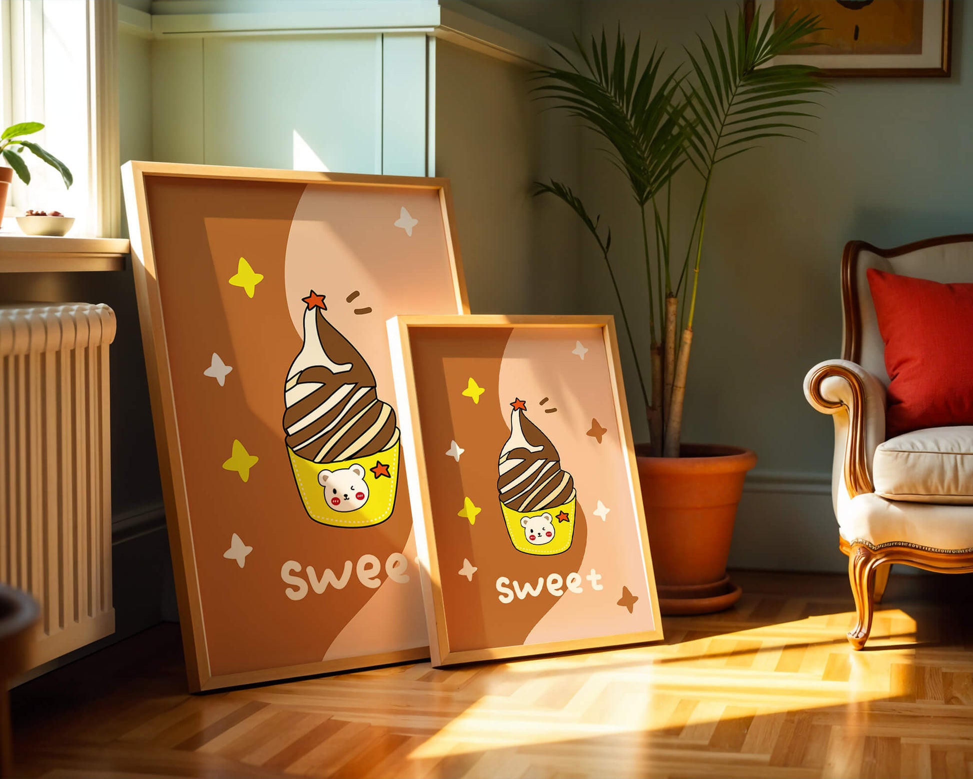 Adorable ice cream design with kawaii bear and colorful background