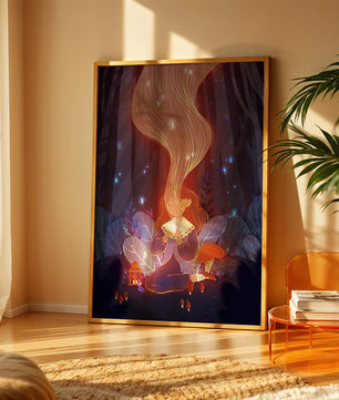 Magical forest scene with lantern and glowing hair