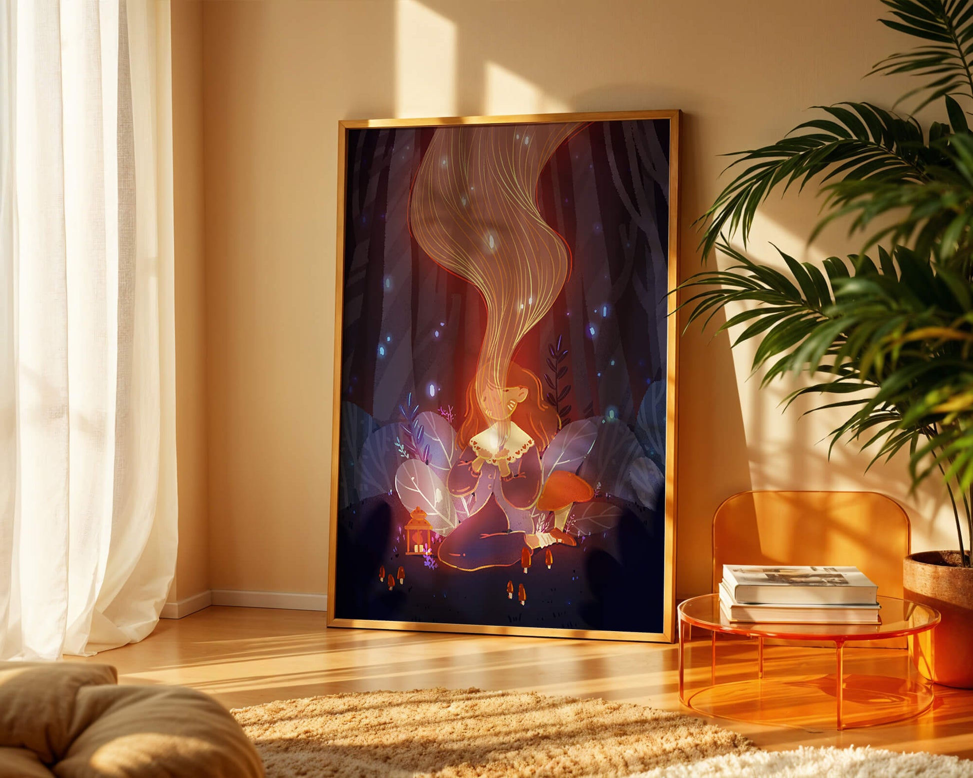 Magical forest scene with lantern and glowing hair