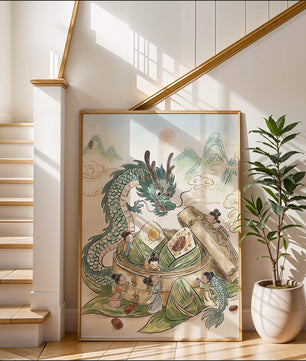 Dragon and Steamed Dumplings with Children in a Mountainous Landscape