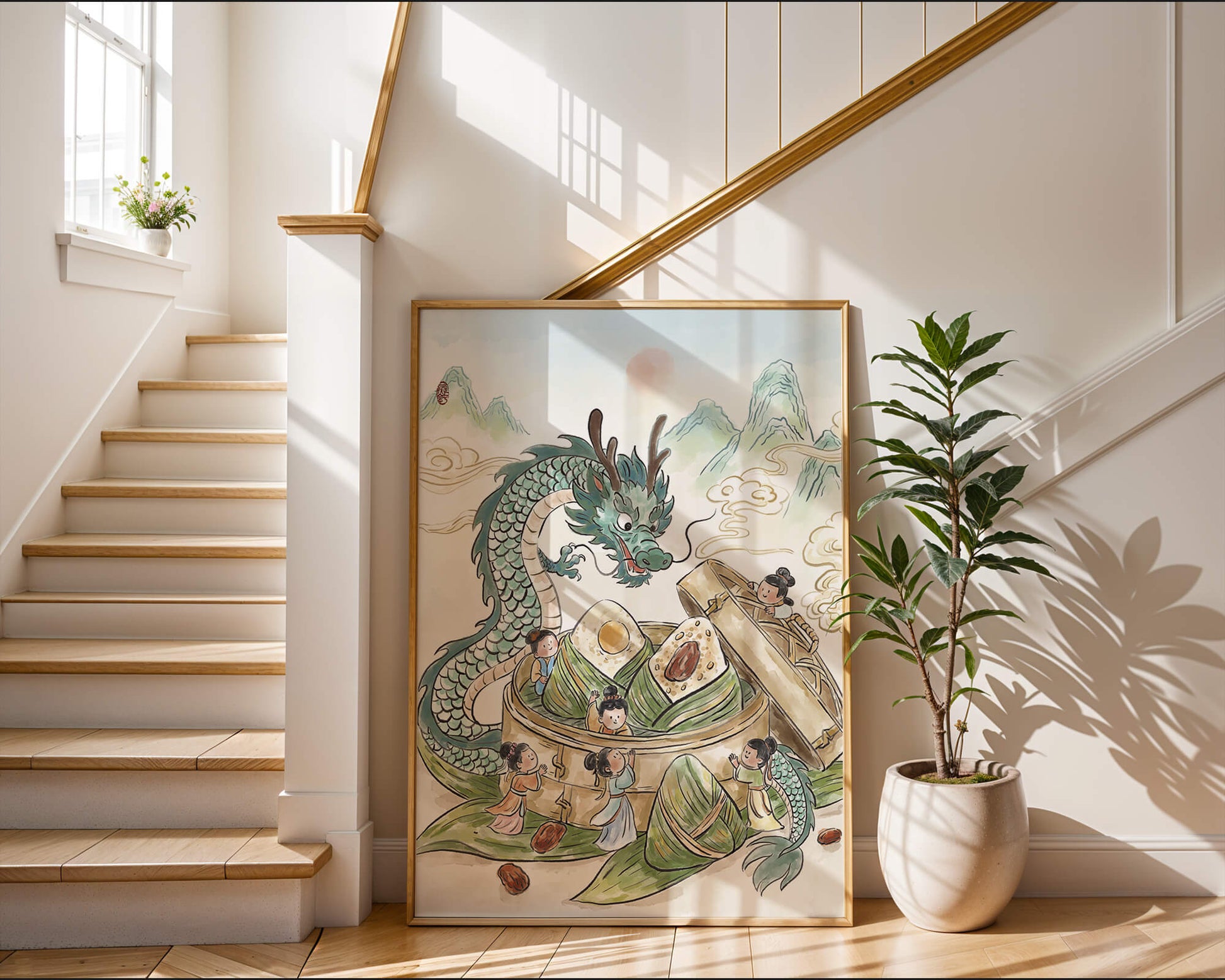 Dragón y dumplings al vapor con niños en un paisaje montañoso