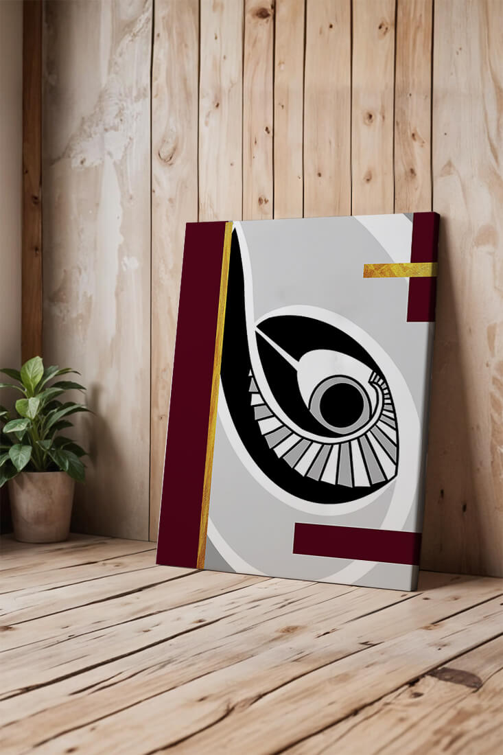 Arte geométrico abstracto con motivo de ojo y detalles dorados