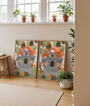 Koalas dans un cadre naturel vibrant aux tons orange et verts