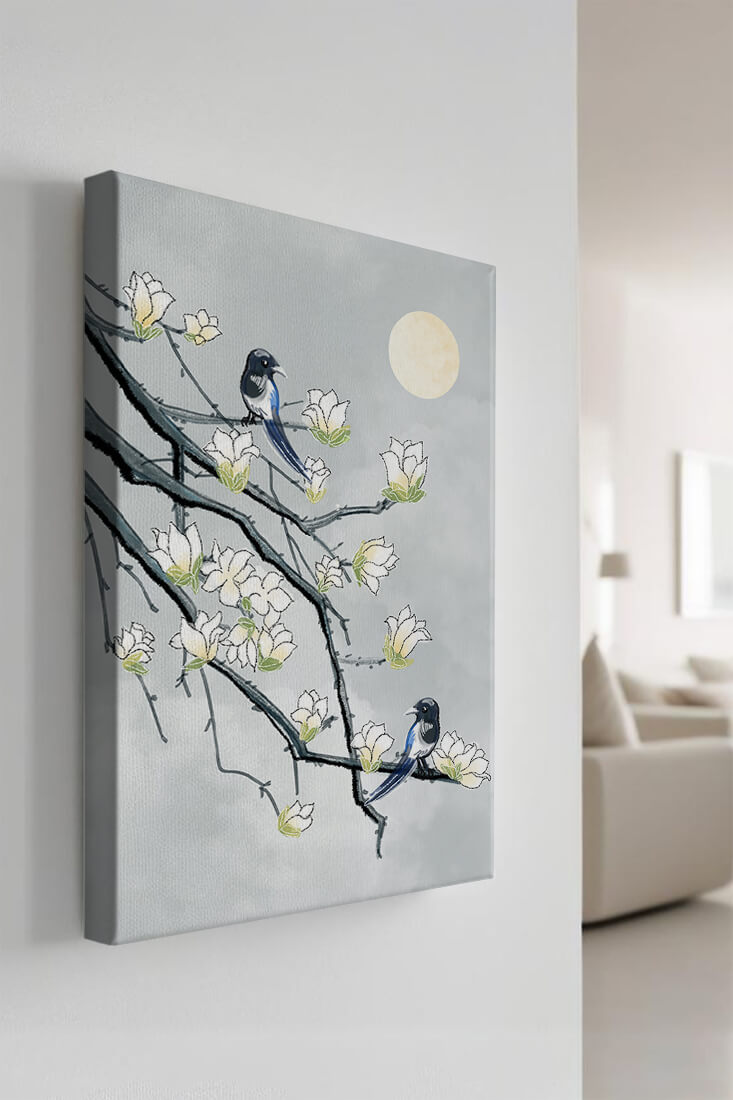 Birds on blossoming branches under a serene moonlit sky