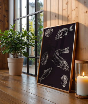 Ilustración detallada de elementos de pescado y mariscos sobre fondo oscuro
