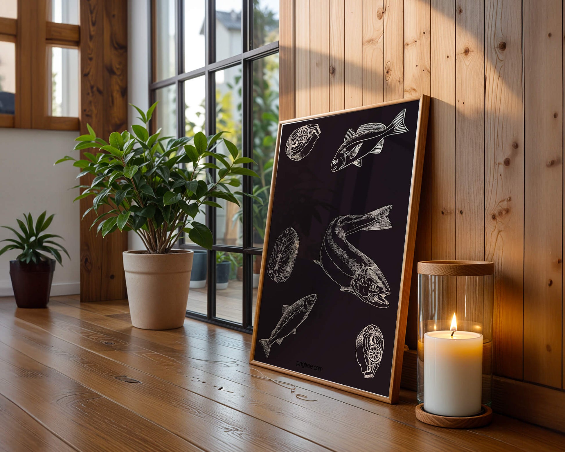 Detailed illustration of fish and seafood elements on dark background