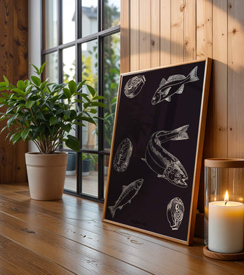 Detailed illustration of fish and seafood elements on dark background