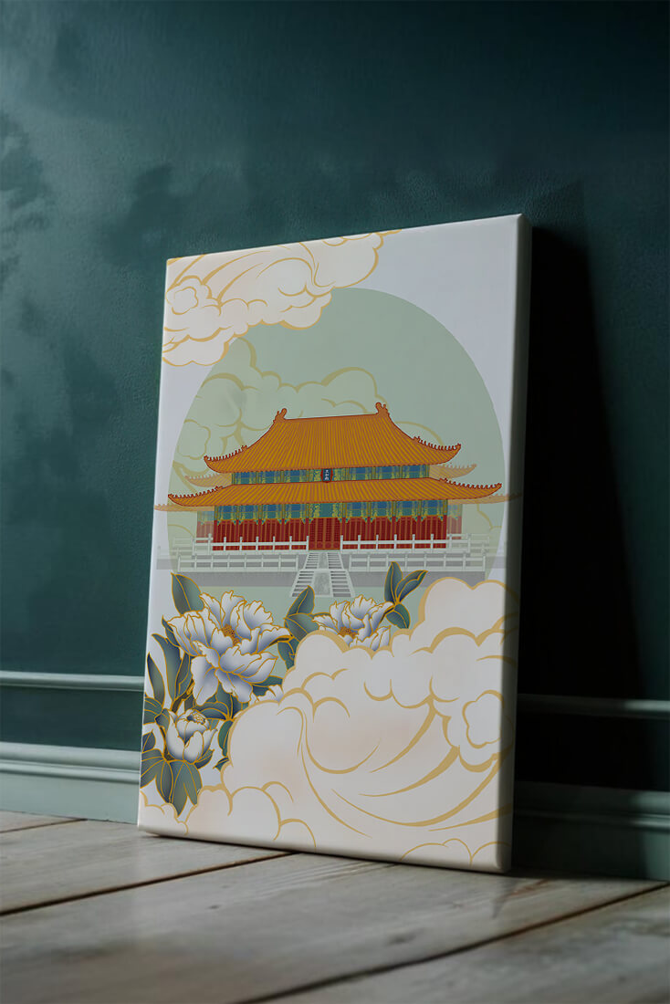 Traditional Asian palace illustration with floral and cloud motifs