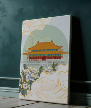Traditional Asian palace illustration with floral and cloud motifs