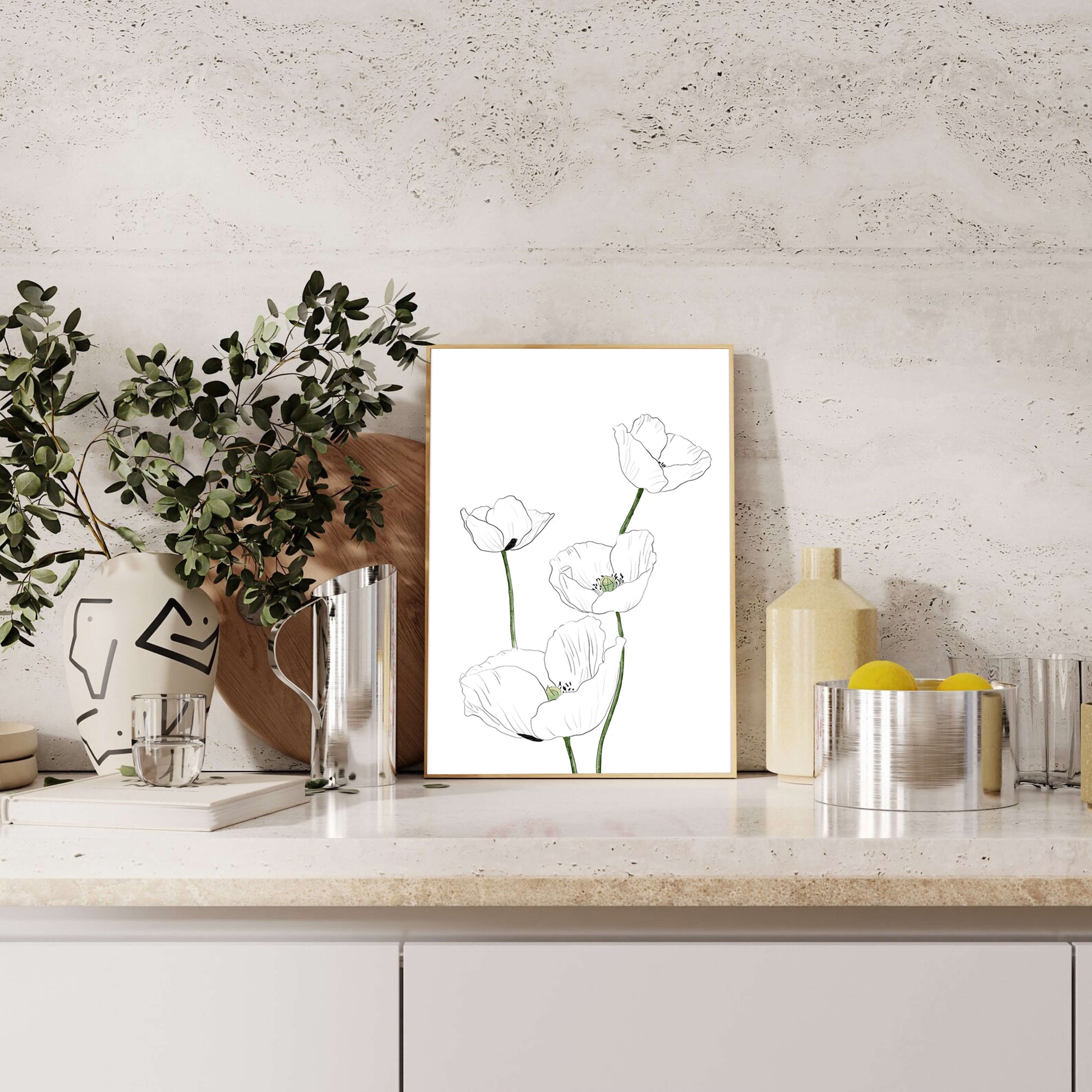 Zarte florale Linienzeichnung mit weißen Mohnblumen auf sauberem Hintergrund