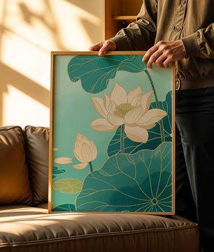 Lotus Flowers with Golden Accents on Aqua Background