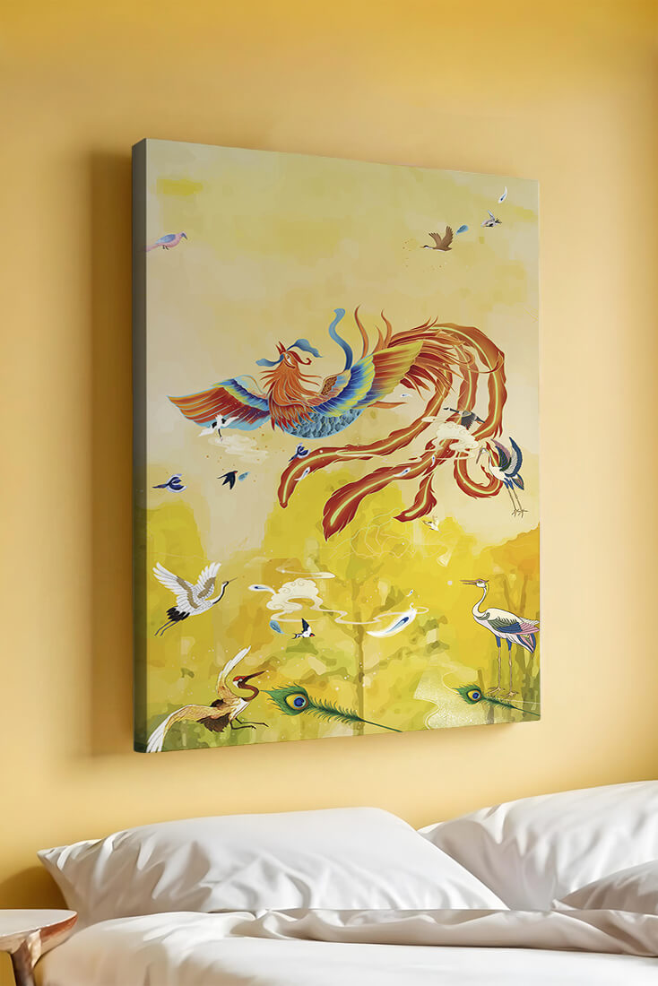 Colorful mystical bird with vivid feathered companions in a vibrant sky