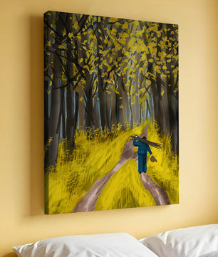 Man Walking Through a Sunny Forest with Golden Leaves