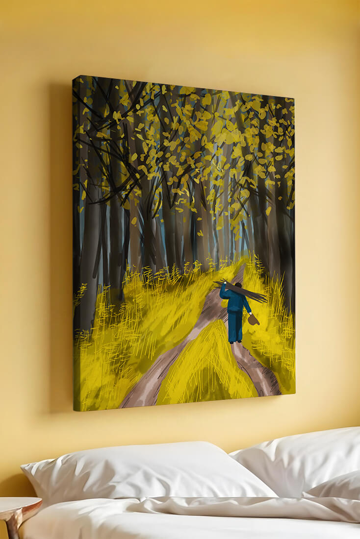 Man Walking Through a Sunny Forest with Golden Leaves