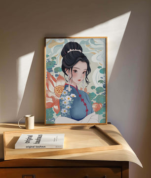 Una mujer elegante con vestido tradicional oriental con patrones florales y flores de loto