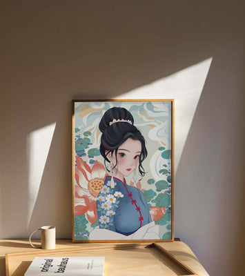 An Elegant Woman in Traditional Oriental Dress with Floral Patterns and Lotus Flowers