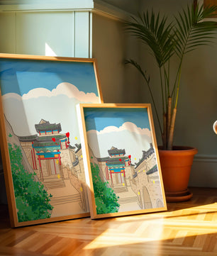 Arquitectura china tradicional con toques vibrantes y fondo escénico