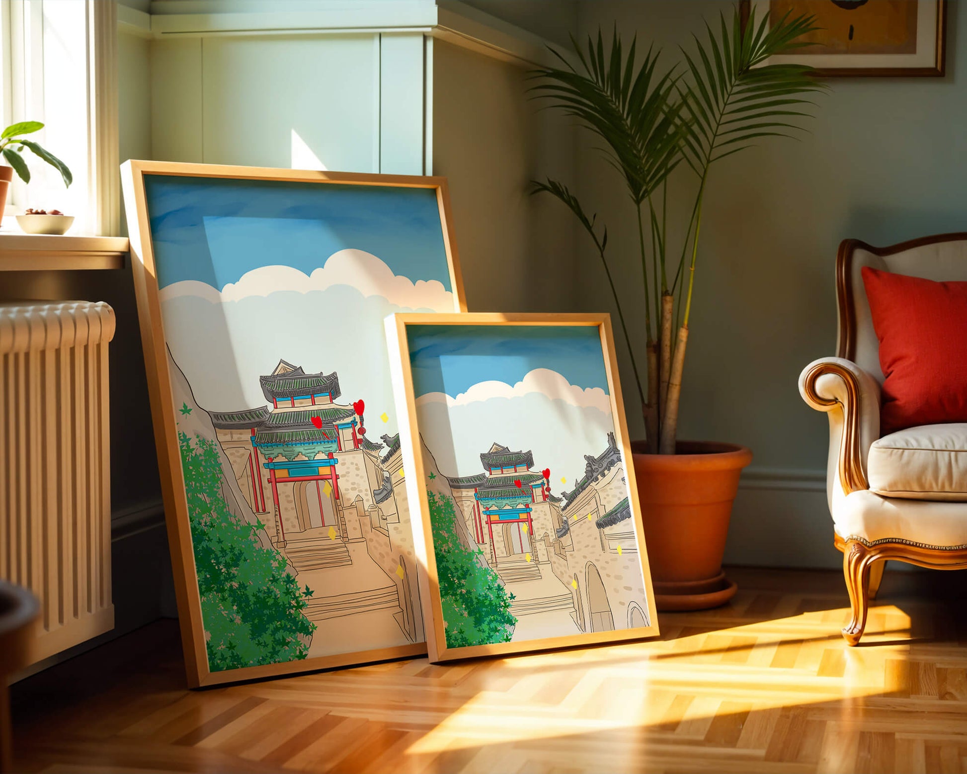 Arquitectura china tradicional con toques vibrantes y fondo escénico