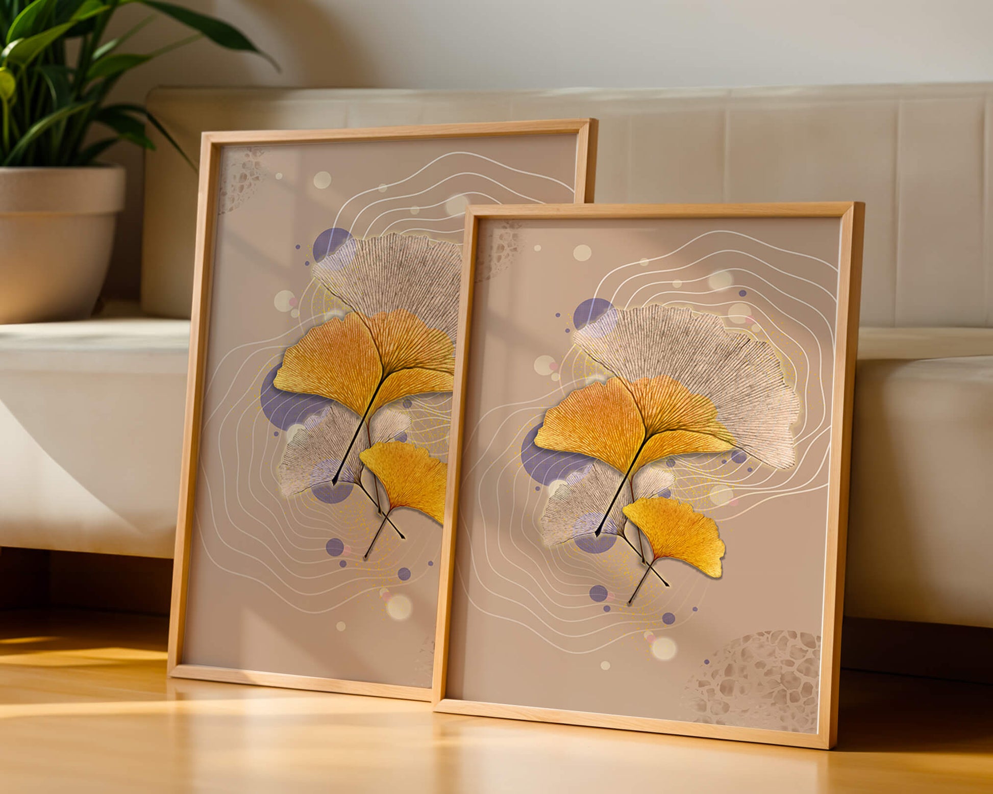 Elegant ginkgo leaves with abstract wavy and circular elements