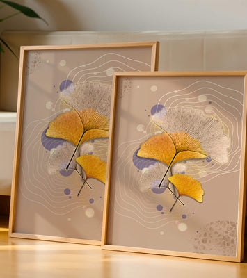 Elegant ginkgo leaves with abstract wavy and circular elements