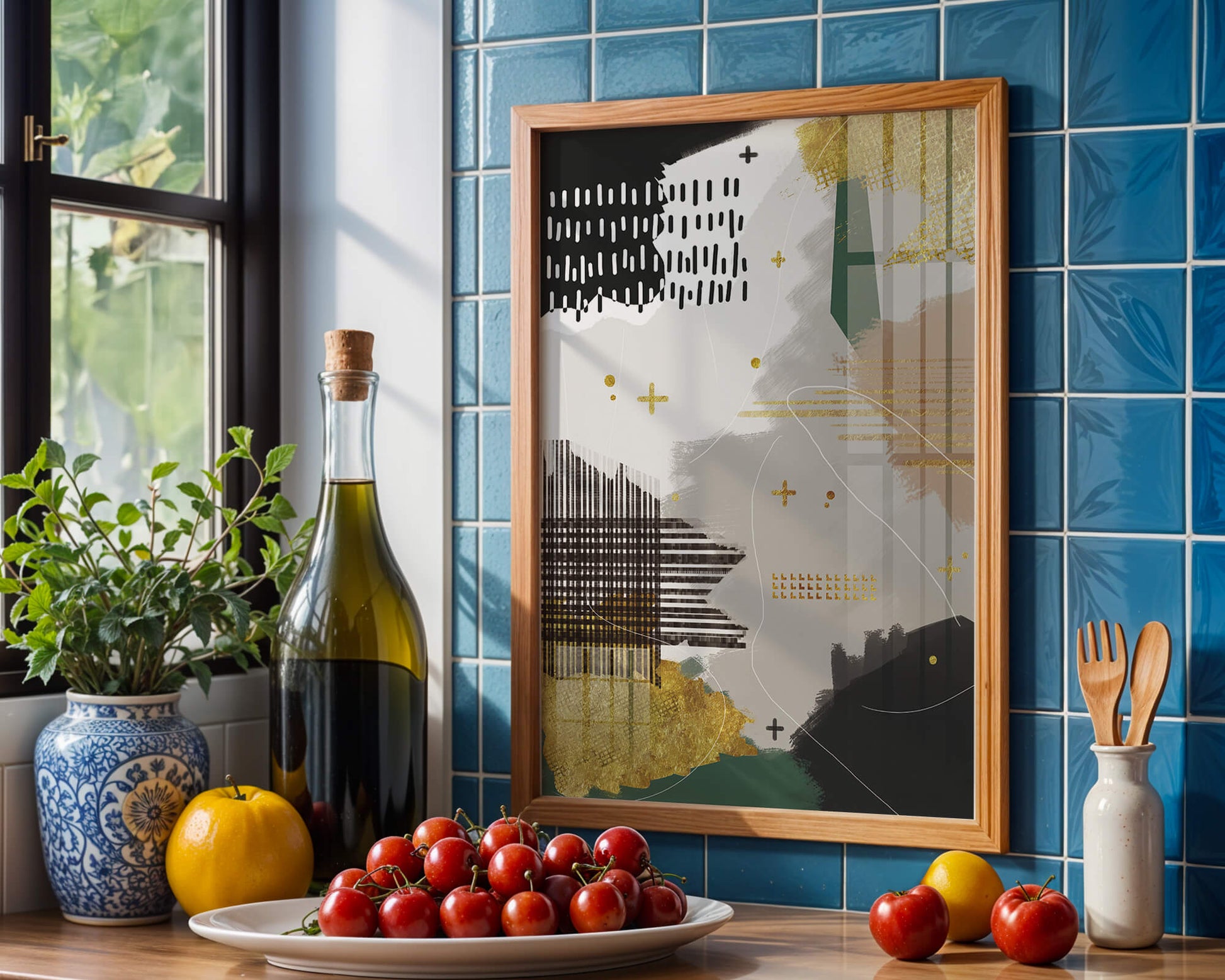 Abstract mixed media art with gold and geometric patterns