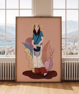 Ilustración de moda de una mujer con sombrero sobre fondo pastel