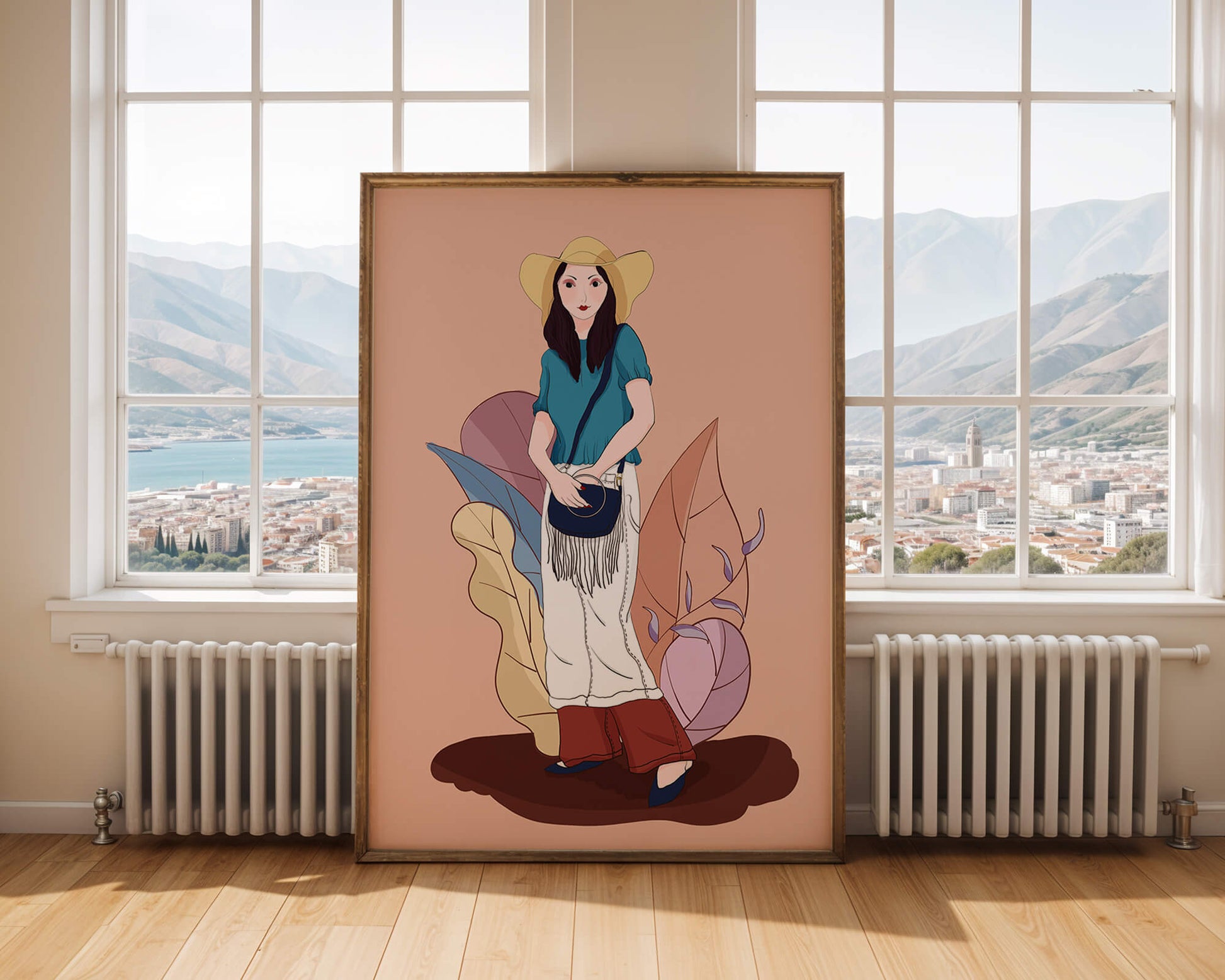 Ilustración de moda de una mujer con sombrero sobre fondo pastel