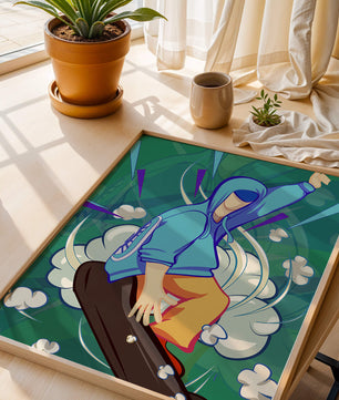 Ilustración abstracta colorida de una persona en movimiento con tonos azules y verdes