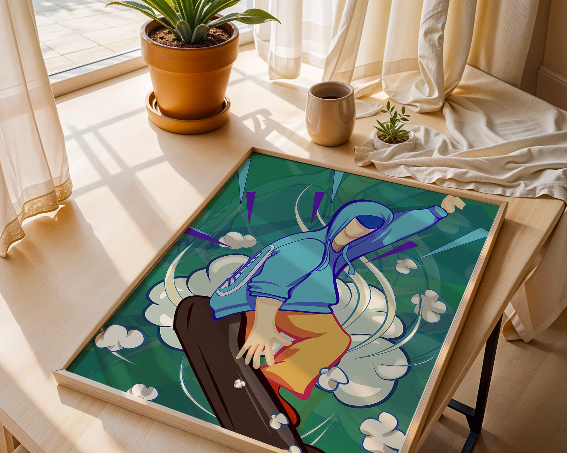 Ilustración abstracta colorida de una persona en movimiento con tonos azules y verdes