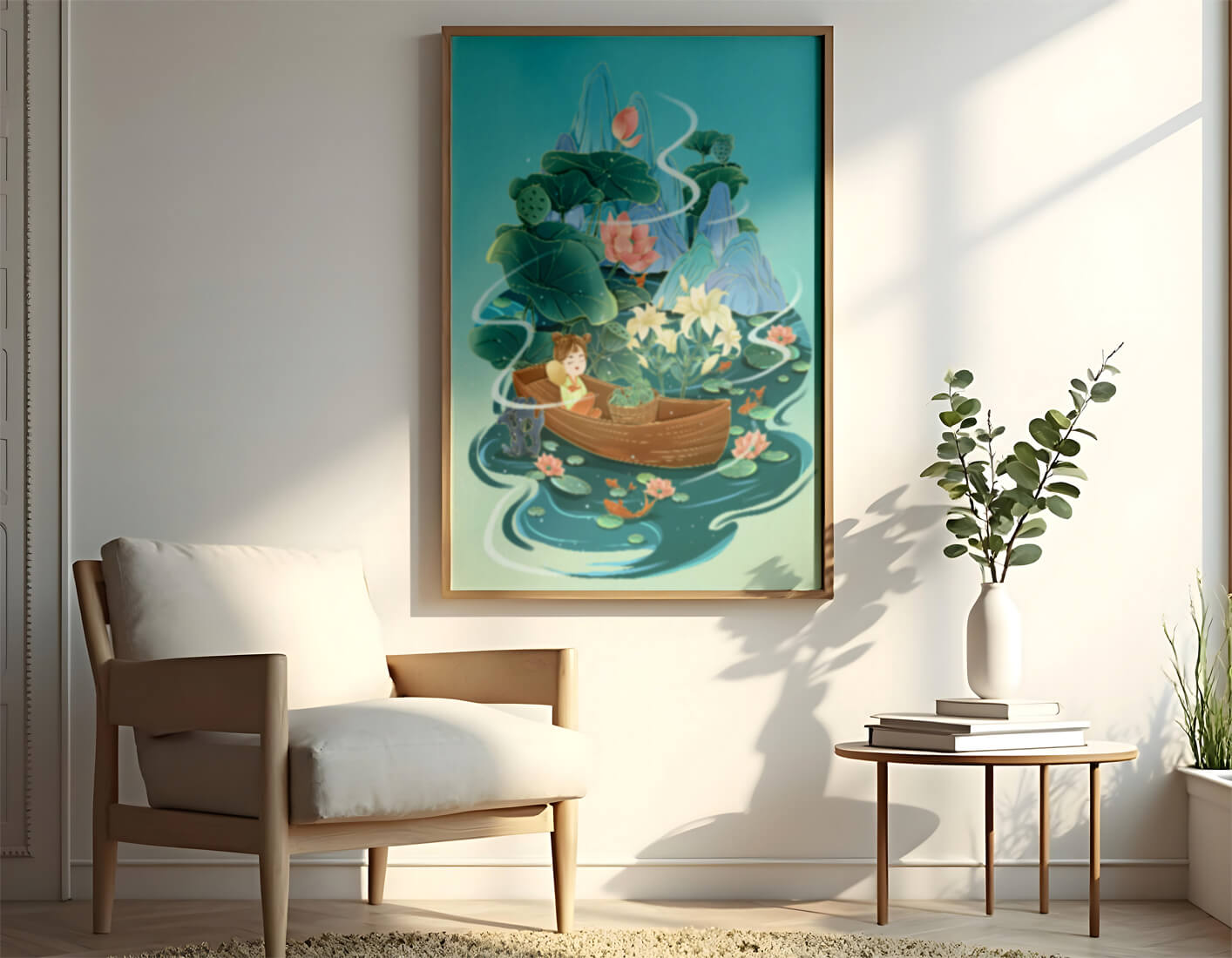 Serene landscape with lotus and boat in a tranquil water scene