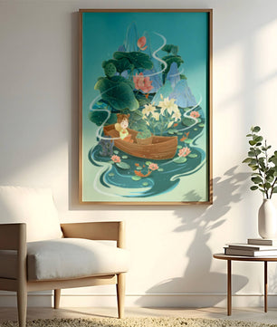 Heitere Landschaft mit Lotus und Boot in einer ruhigen Wasserszene