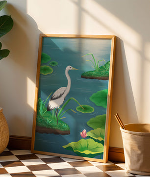 Serene wetland scene with white crane and water lilies