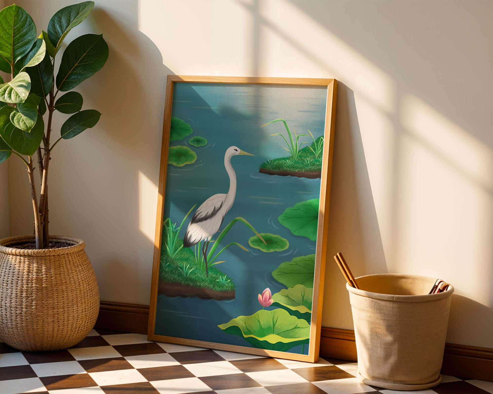 Serene wetland scene with white crane and water lilies