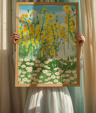 Frühlingwiese mit blühenden gelben und weißen Blumen