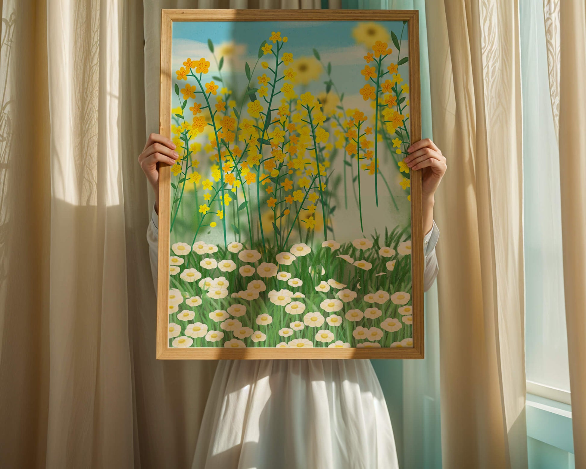 Springtime Meadow With Blooming Yellow And White Flowers