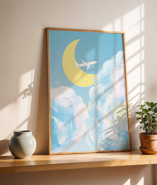 Ilustración de cielo panorámico con avión y luna creciente