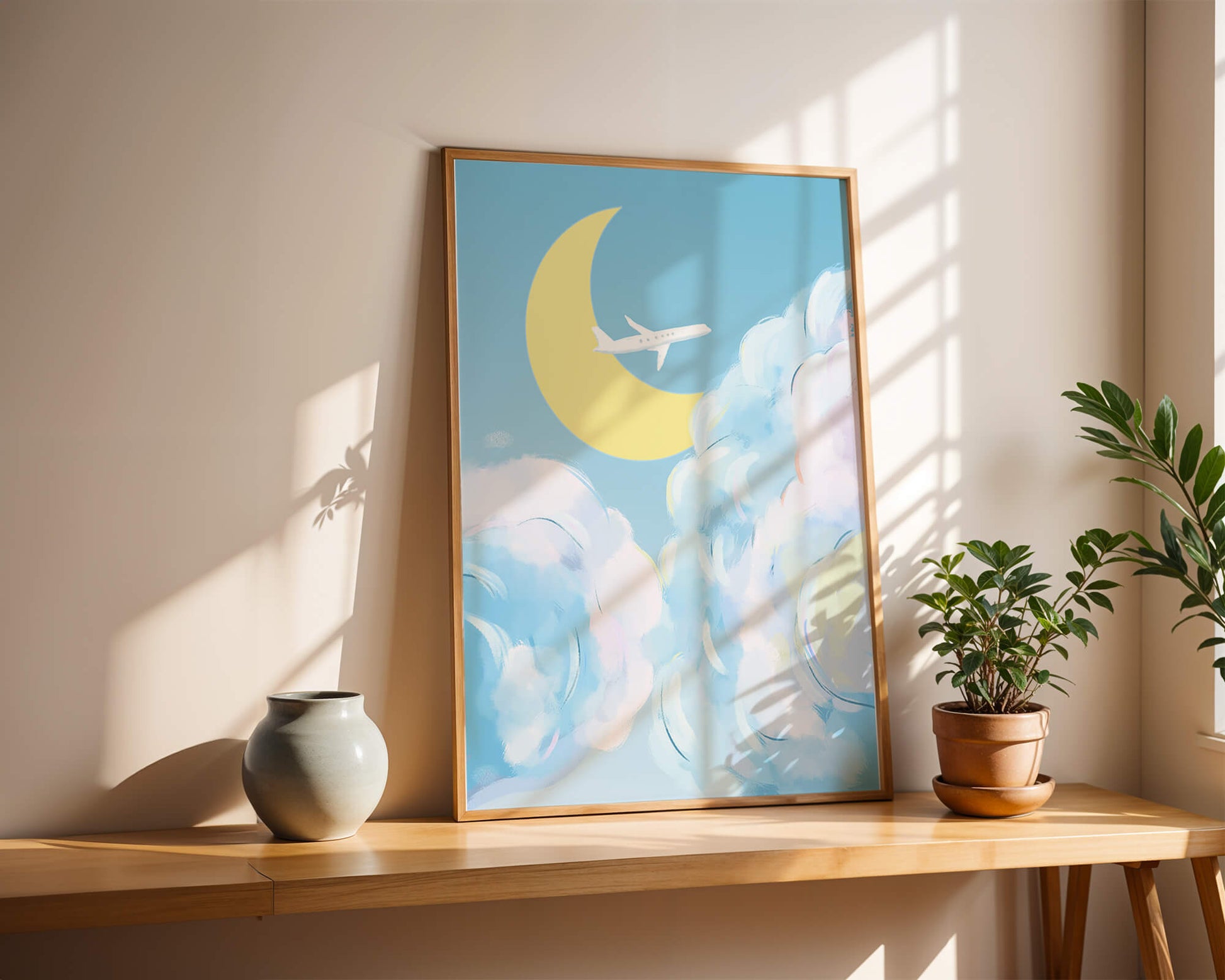 Scenic sky illustration with airplane and crescent moon
