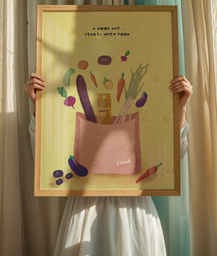 Ilustración de vegetales frescos y leche en una bolsa de comestibles