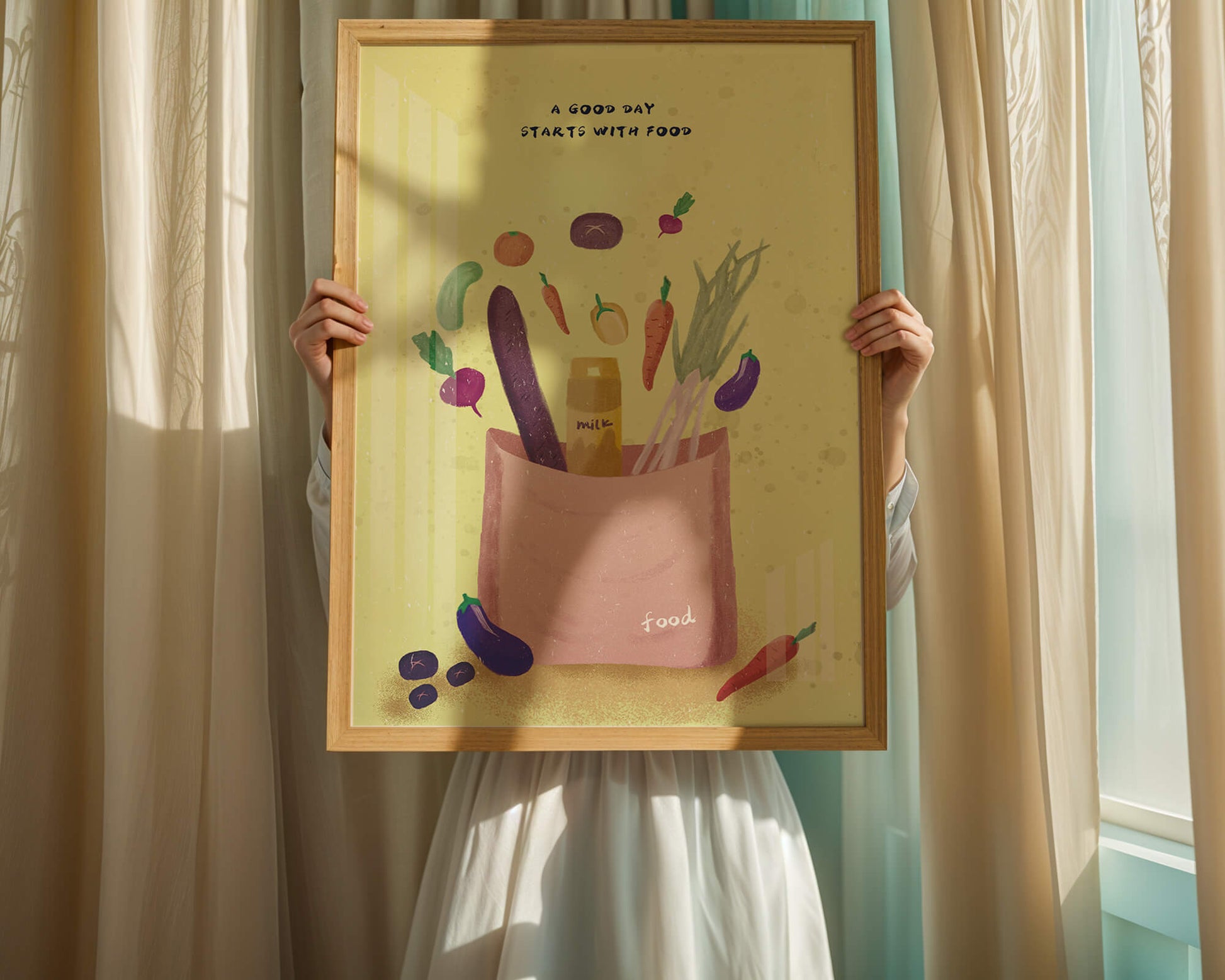 Ilustración de vegetales frescos y leche en una bolsa de comestibles