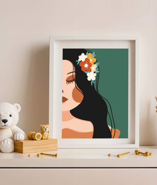 Elegante Illustration einer Frau mit floralem Haarteil