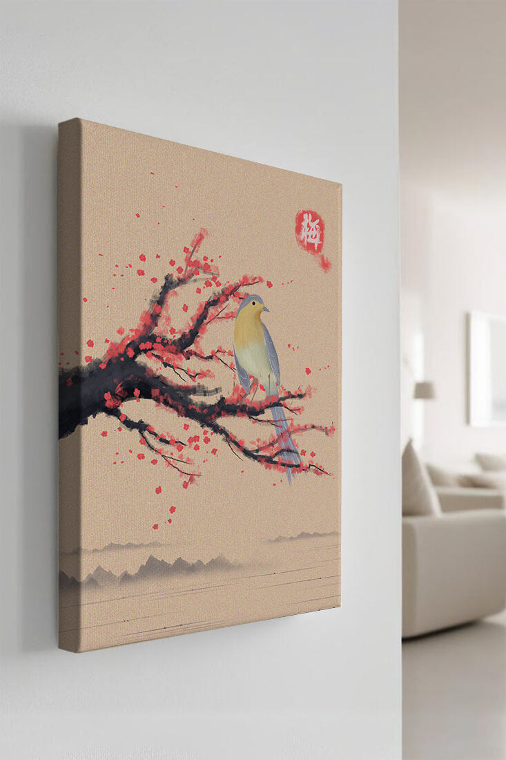 Serene bird on cherry blossom branch in traditional Asian art style