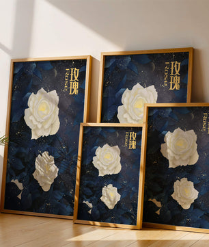 Elegant white roses on a celestial night background with deep blue leaves