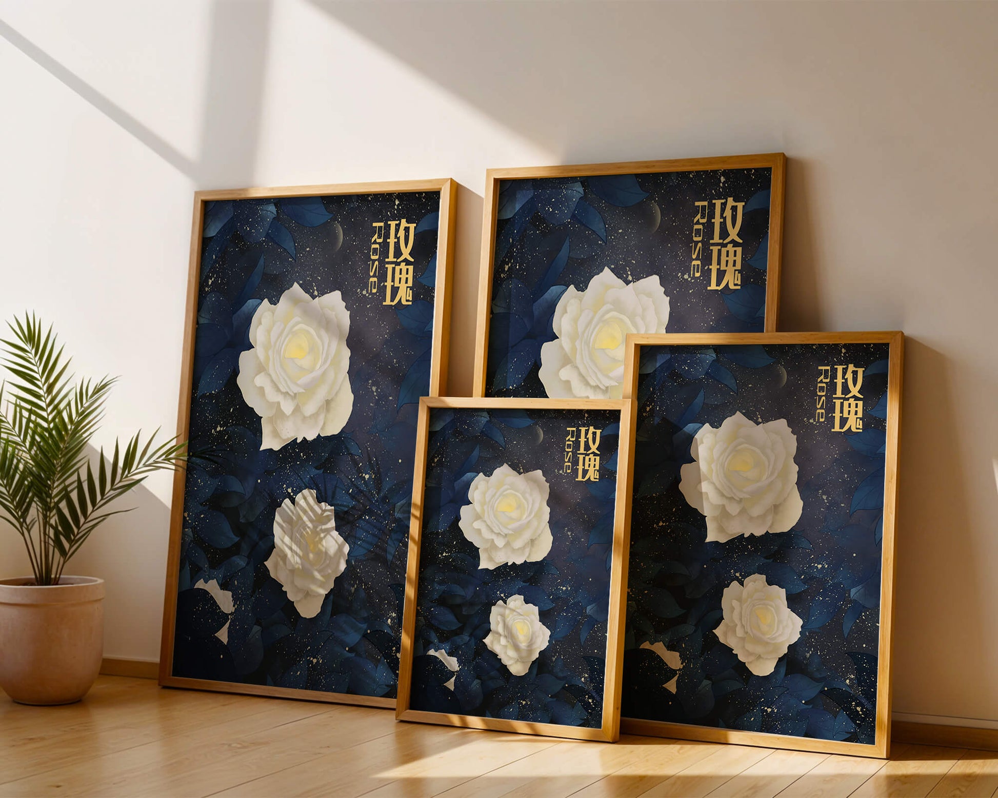 Elegant white roses on a celestial night background with deep blue leaves
