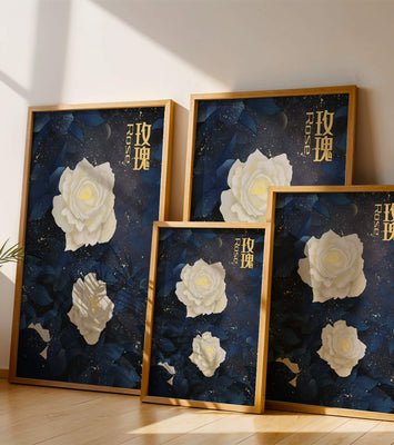Elegant white roses on a celestial night background with deep blue leaves