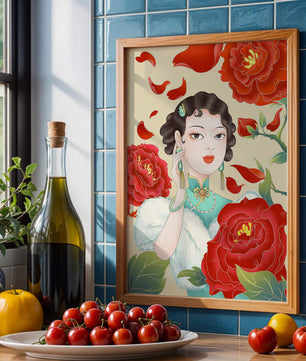 Mujer elegante rodeada de vibrantes flores y pétalos rojos